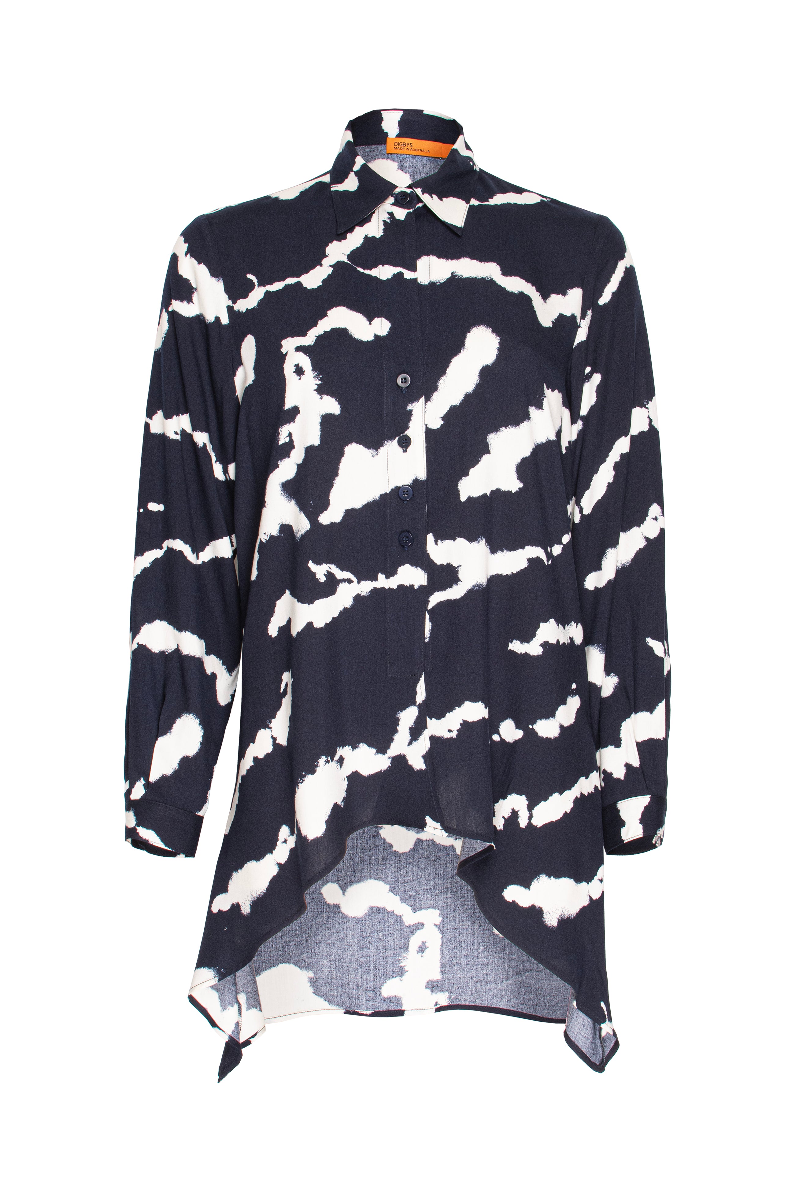 4 Button Uneven Hem Shirt - Navy/White Print 3370