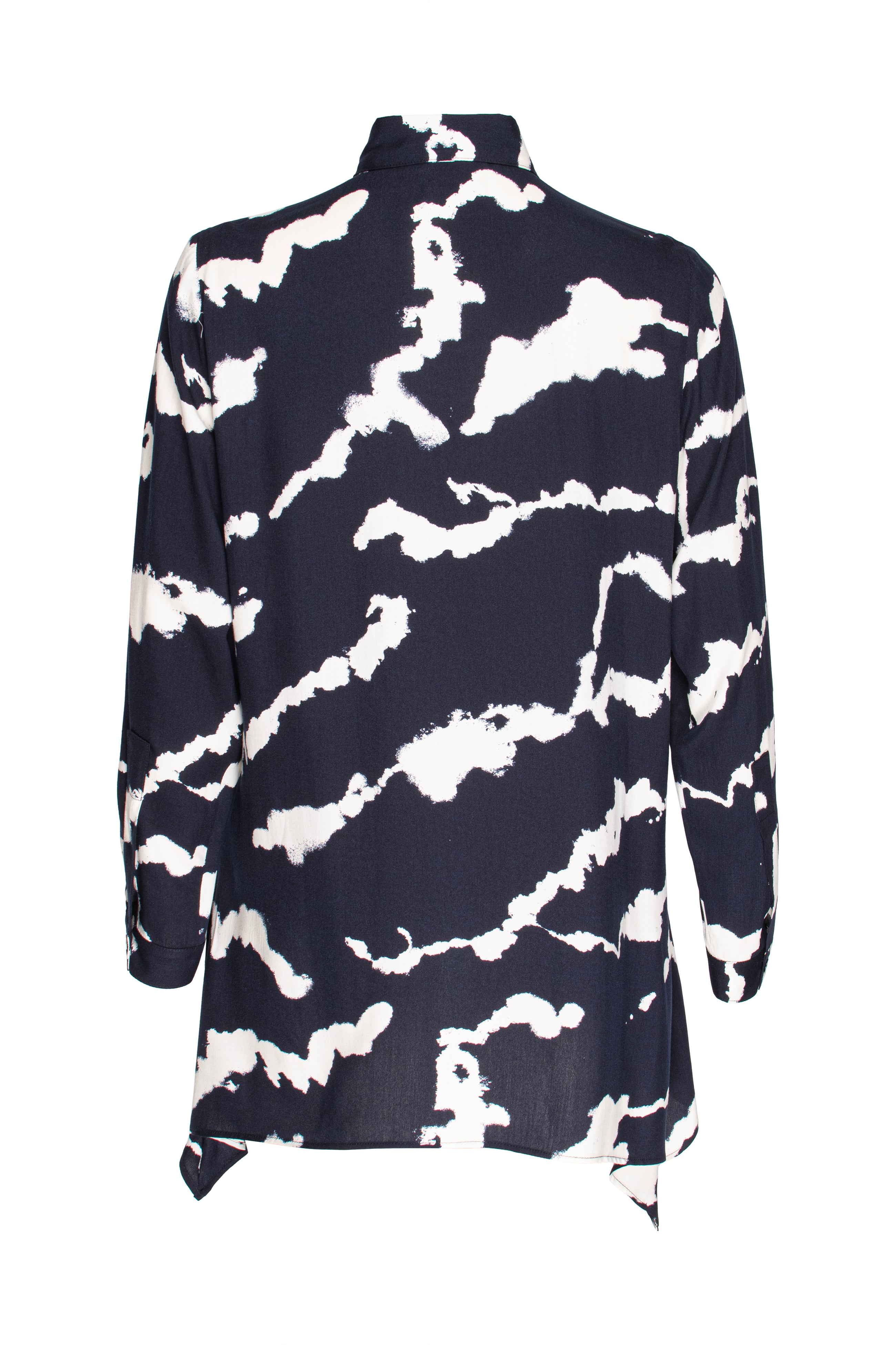 4 Button Uneven Hem Shirt - Navy/White Print 3370