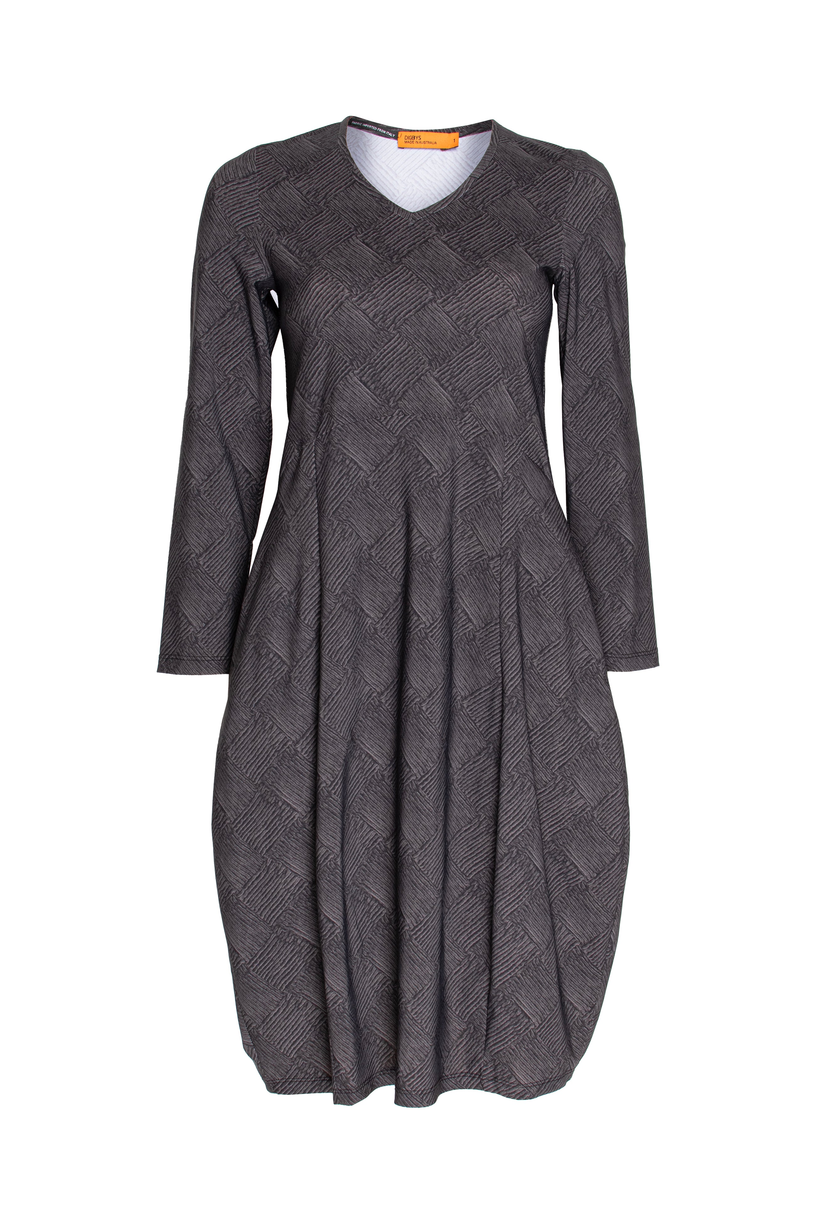 Long Sleeve Vee Neck Dress - Charcoal Print Jersey 4652