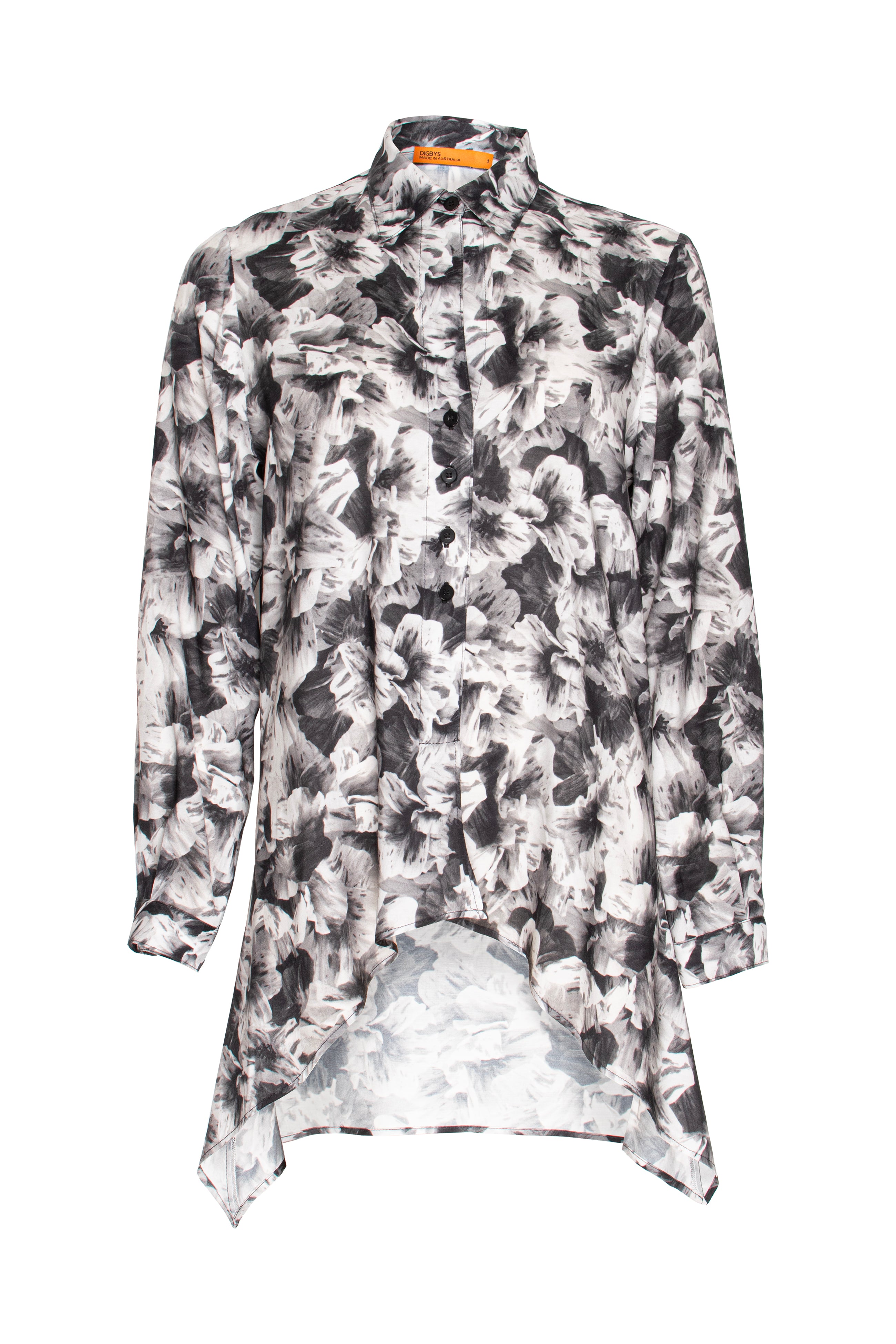 4 Button Uneven Hem Shirt - Black/White Print 3367