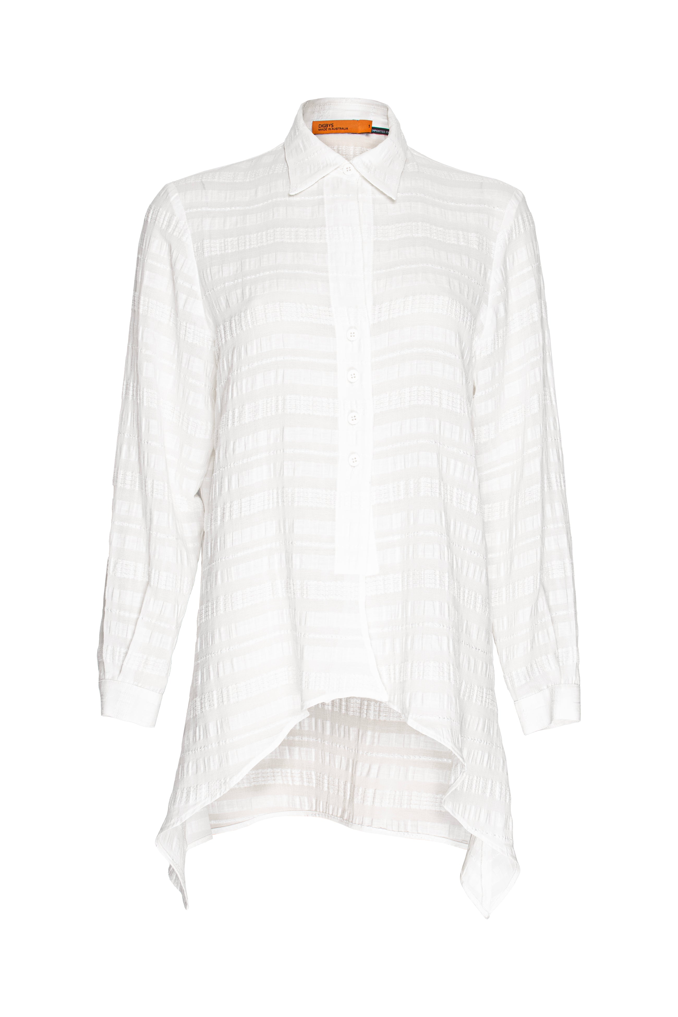 4 Button Uneven Hem Shirt - Cream Self Stripe 3369