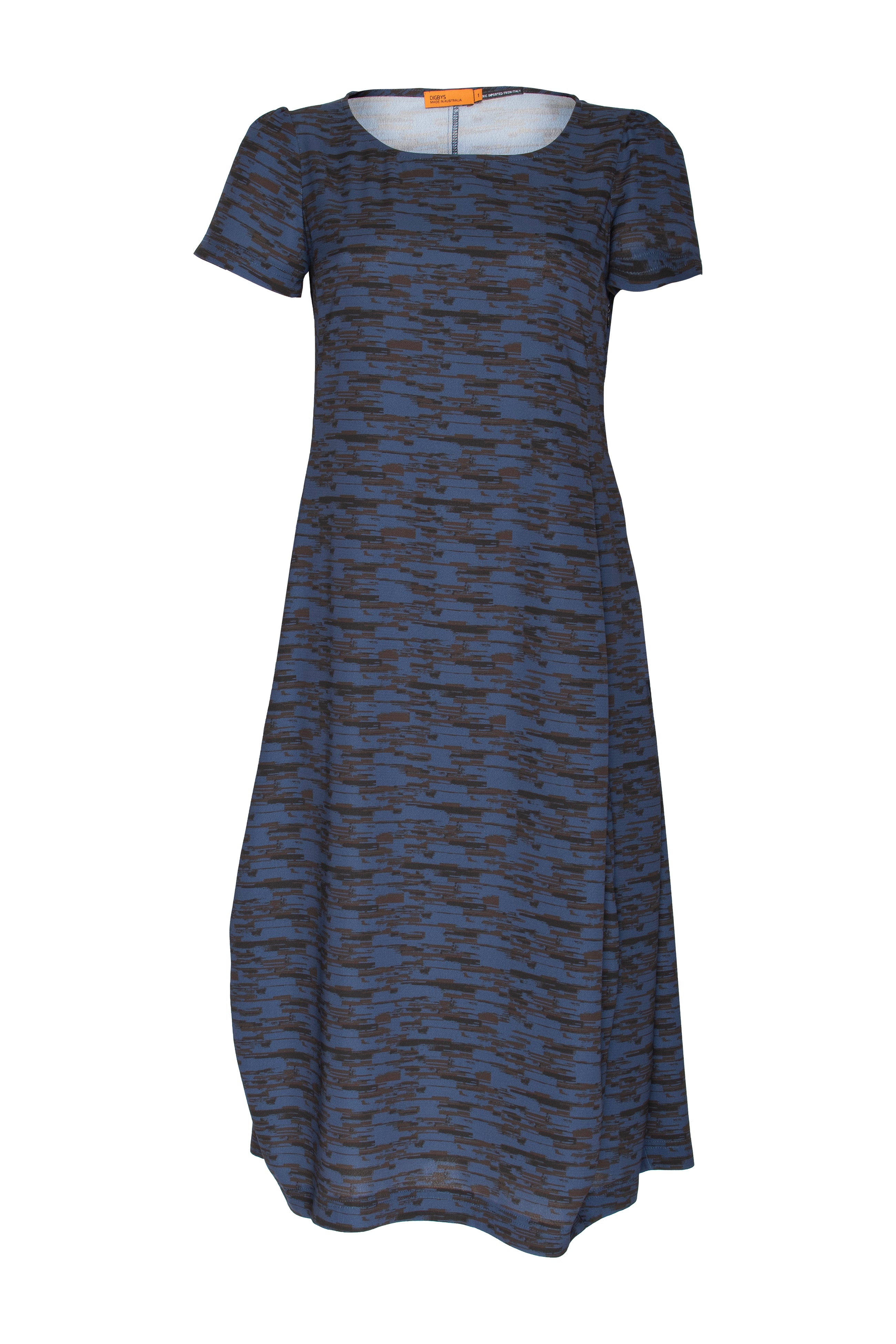 Short Sleeve Bell Panel Dress - Navy Print 6025