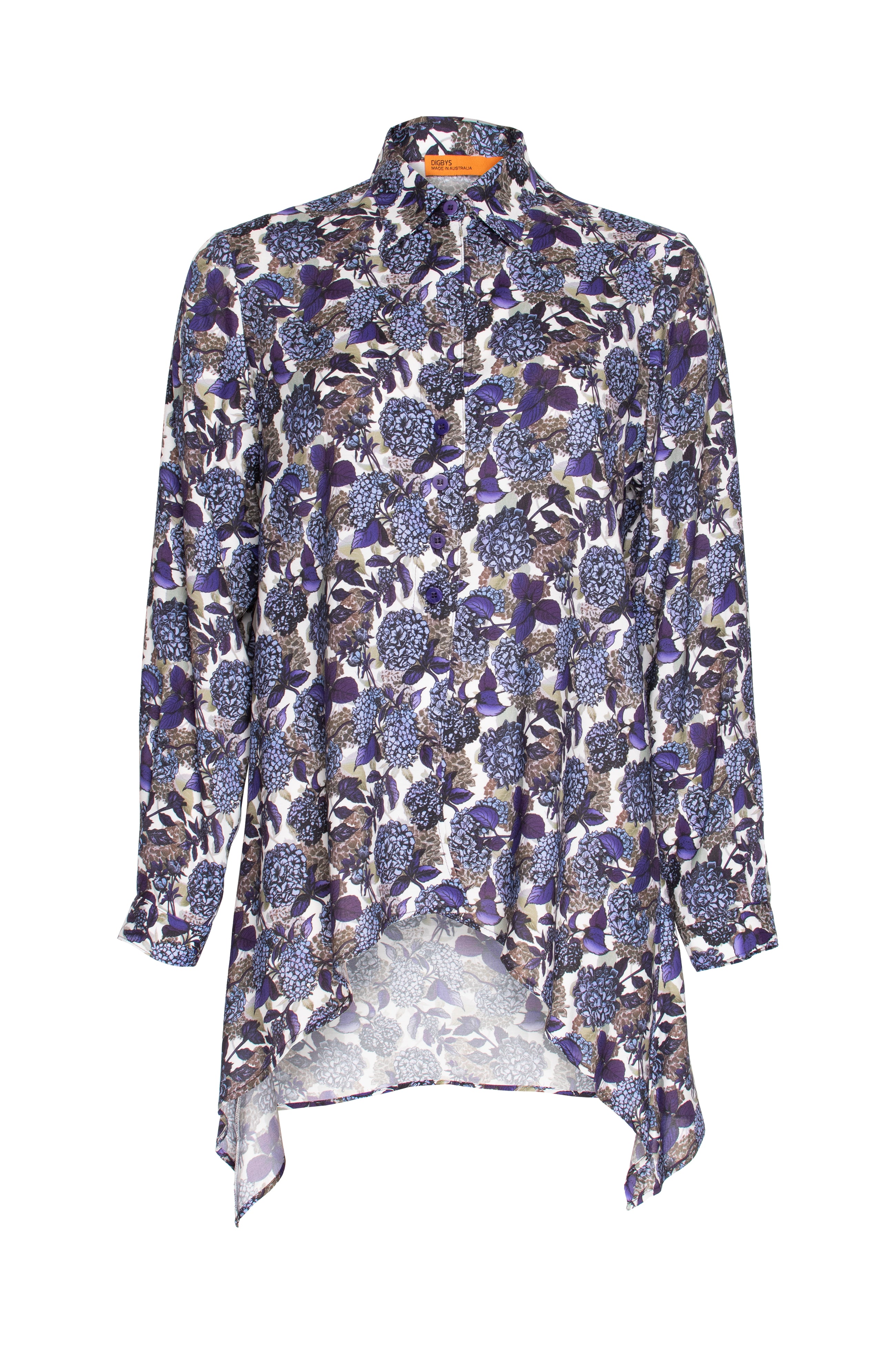 4 Button Uneven Hem Shirt - Purple/White Print 3368