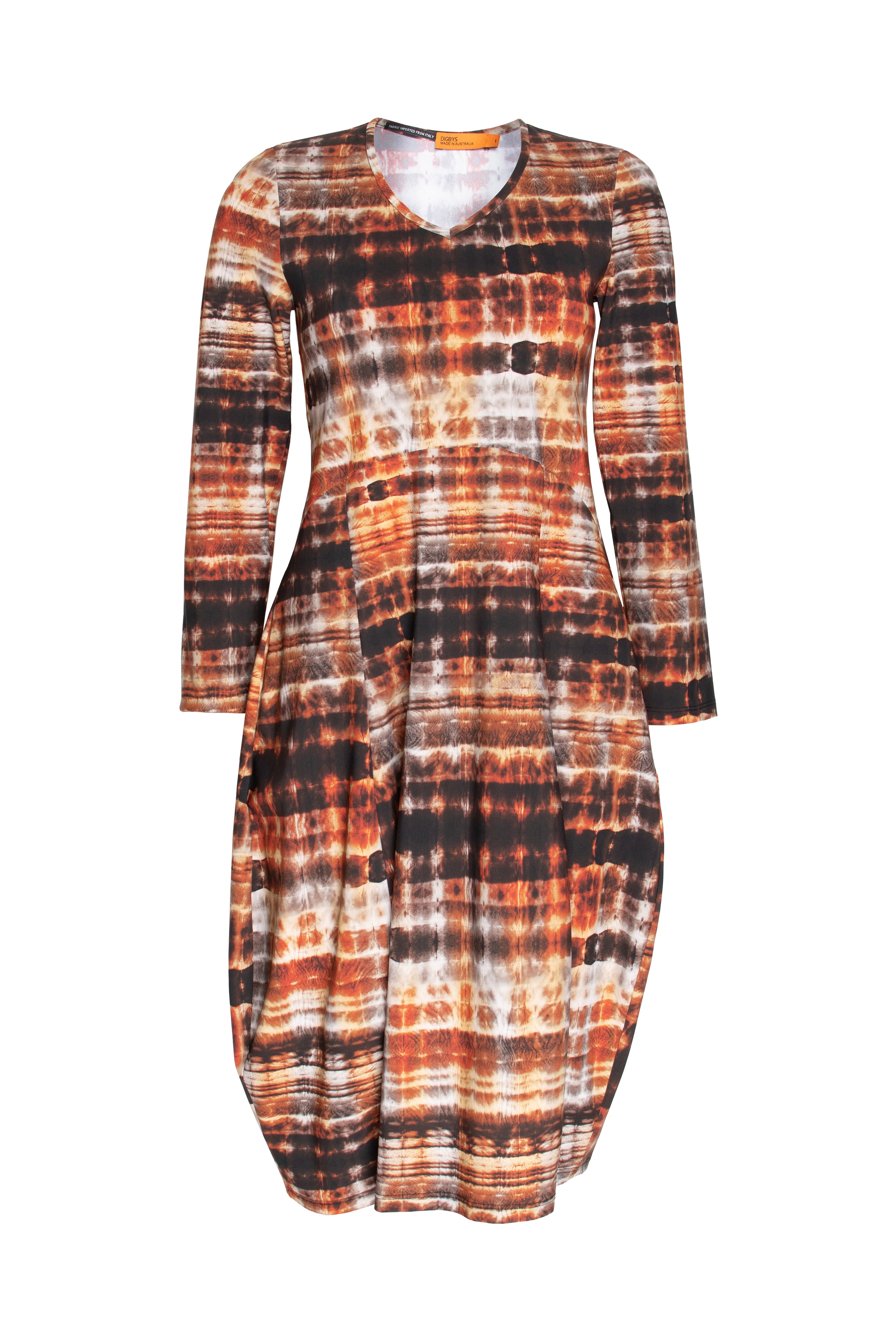 Long Sleeve Vee Neck Dress - Rust Print Jersey 4650
