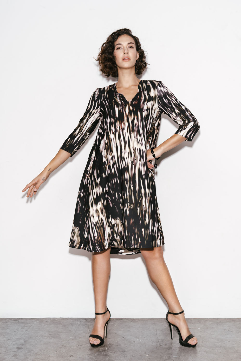 Black Print 3/4 Sleeve Swing Dress 9247