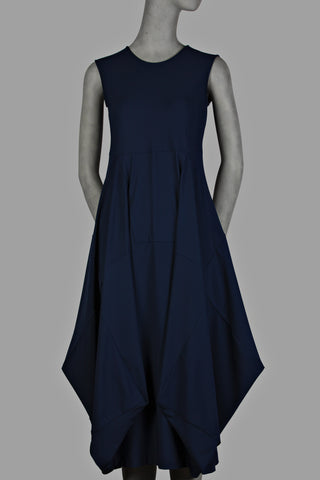 Short Sleeve Bell Panel Dress - Navy Print 6025