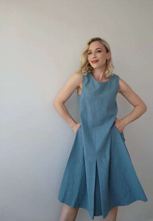 Pleated Hem Dress - Teal Linen 3381