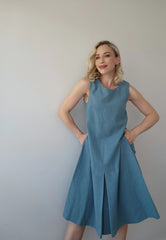 Pleated Hem Dress - Teal Linen 3381