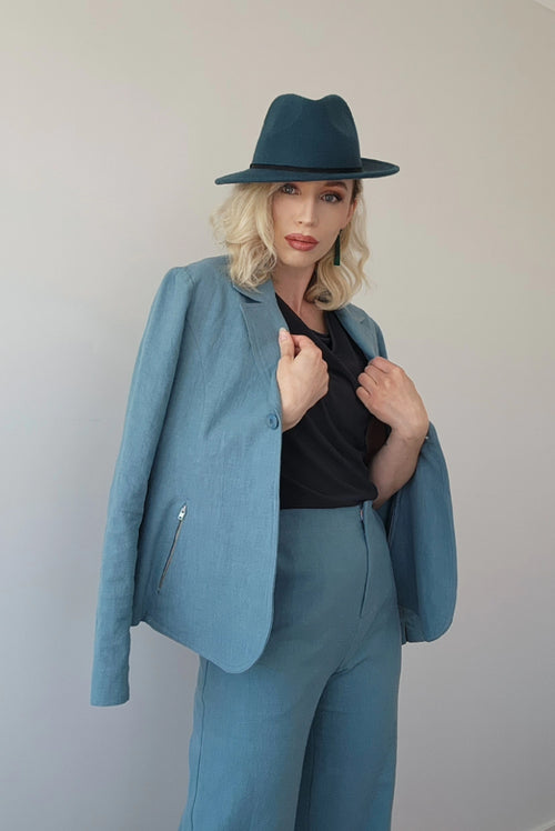 Elastic Waist 3/4 Pant - Teal Linen 3378