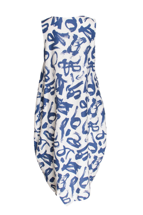 Asymmetric Panel Singlet Dress - Blue on White Printed Linen 3413