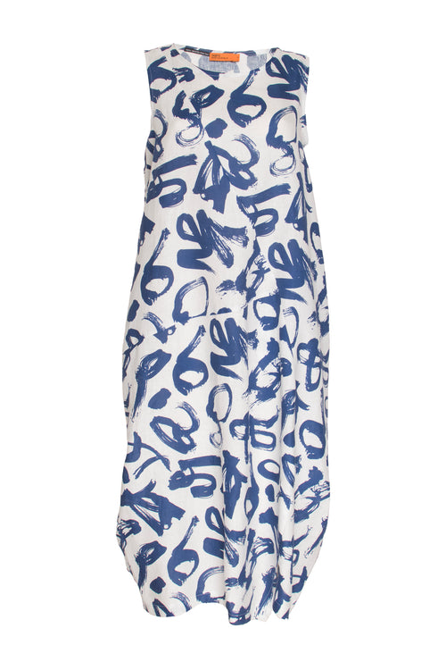 Asymmetric Panel Singlet Dress - Blue on White Printed Linen 3413