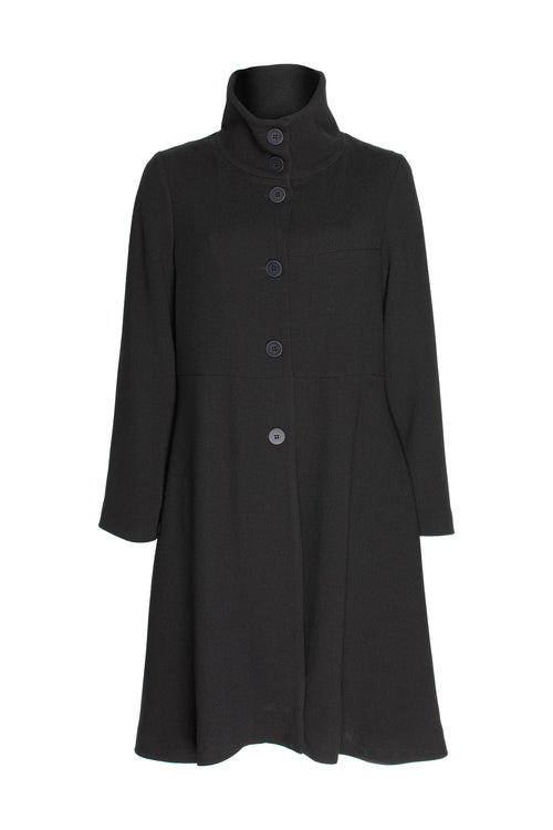 High Collar Flared Coat - Black Wool Crepe 8654