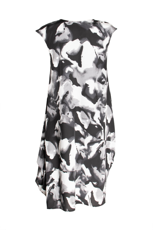 Tucked Cap Sleeve Dress - Black/White Print 3421