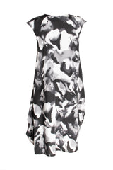 Tucked Cap Sleeve Dress - Black/White Print 3421