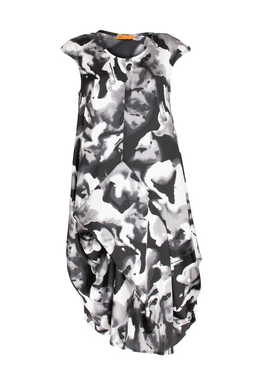 Tucked Cap Sleeve Dress - Black/White Print 3421