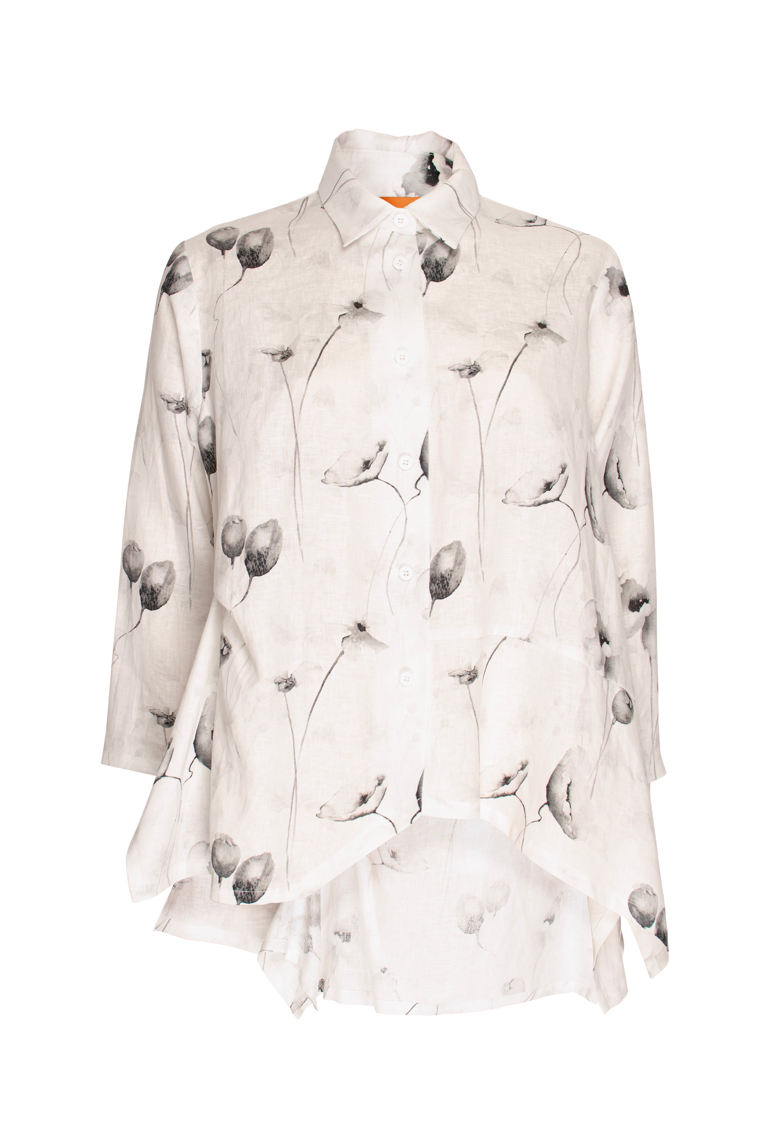 Asymmetric Angle Shirt - Silver Poppies Printed Linen 6046