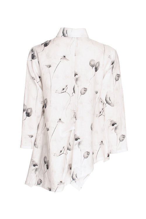 Asymmetric Angle Shirt - Silver Poppies Printed Linen 6046