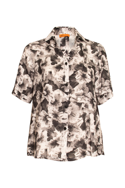 Back Button Short Sleeve Shirt - Black/White Print 6041