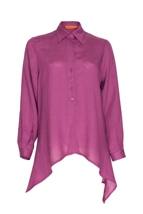 4 Button Uneven Hem Shirt - Cerise Ramie 3404