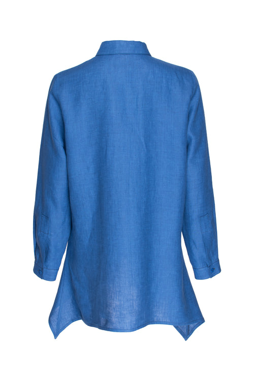 4 Button Uneven Hem Shirt - Cobalt Ramie 3402