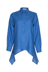 4 Button Uneven Hem Shirt - Cobalt Ramie 3402