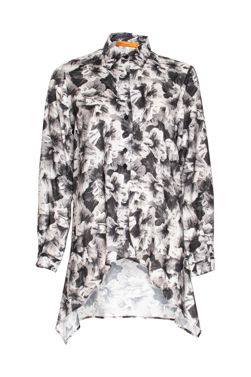 4 Button Uneven Hem Shirt - Black/White Print 3367