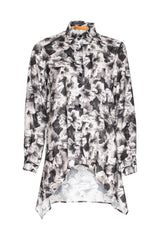 4 Button Uneven Hem Shirt - Black/White Print 3367