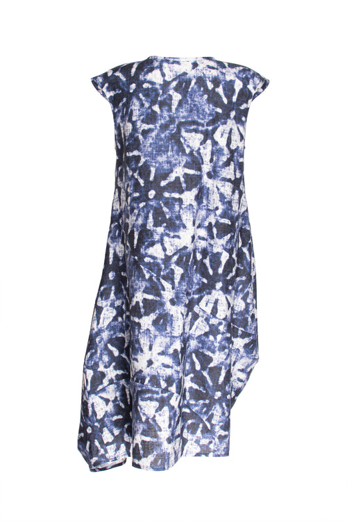 Tucked Cap Sleeve Dress - Indigo/White Print Linen 3420
