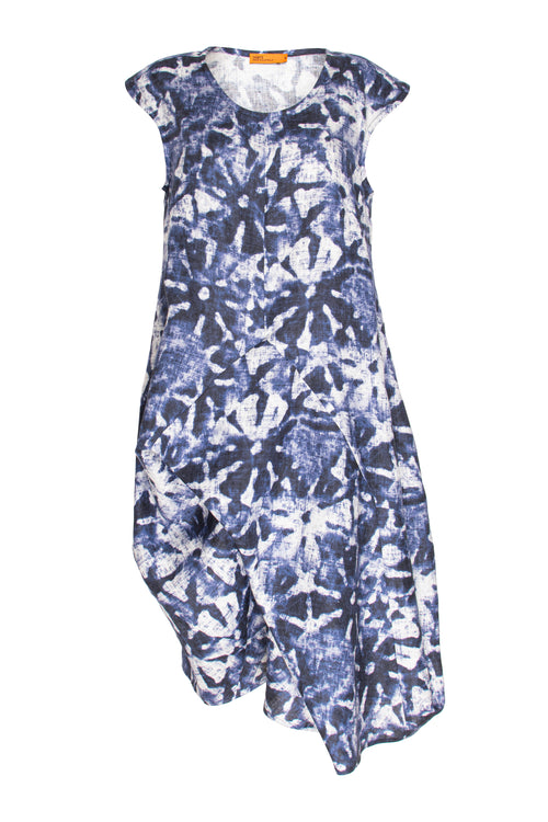 Tucked Cap Sleeve Dress - Indigo/White Print Linen 3420
