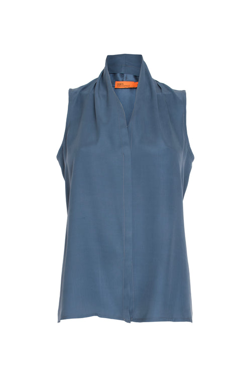 Shawl Collar Tank Top - Steel Blue Silk 3439