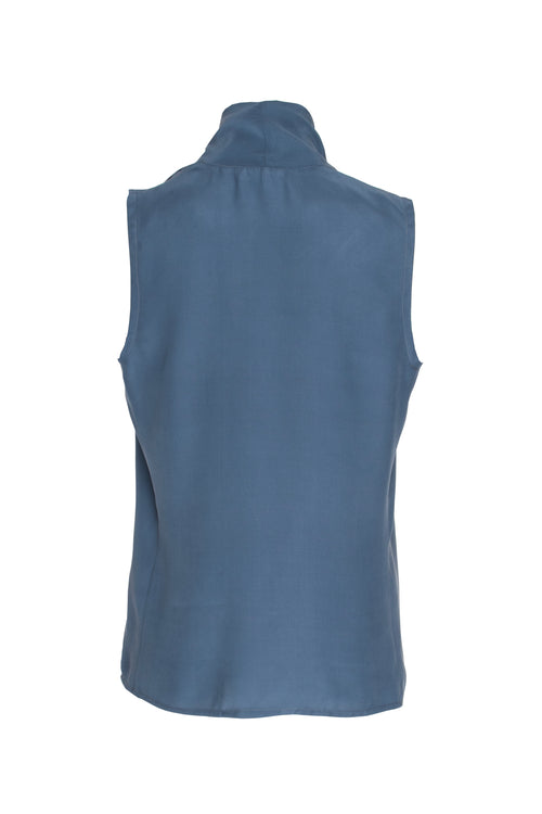 Shawl Collar Tank Top - Steel Blue Silk 3439