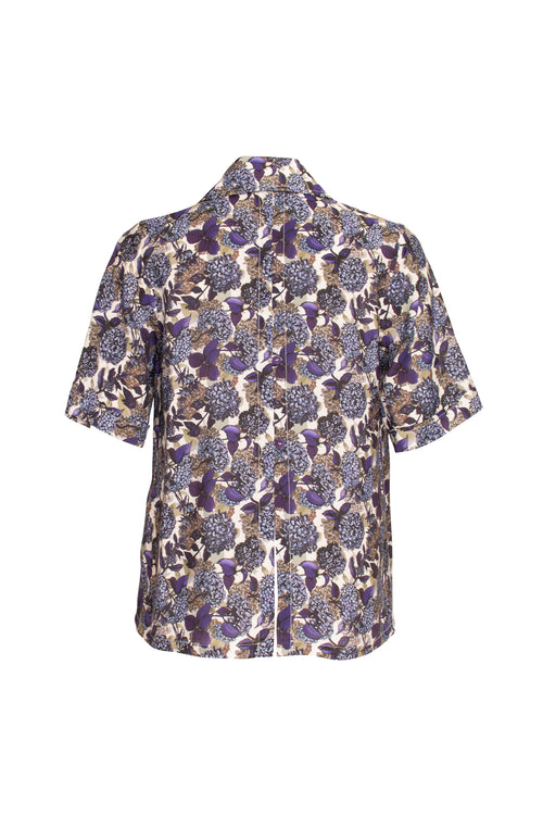 Back Button Short Sleeve Shirt - Purple Print 6042