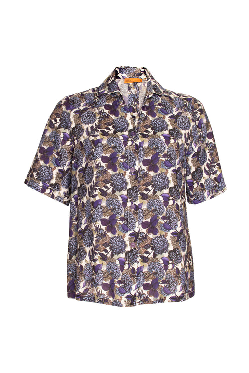 Back Button Short Sleeve Shirt - Purple Print 6042