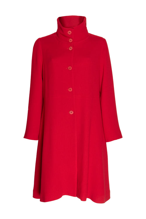 High Collar Flared Coat - Red Wool Crepe 8655