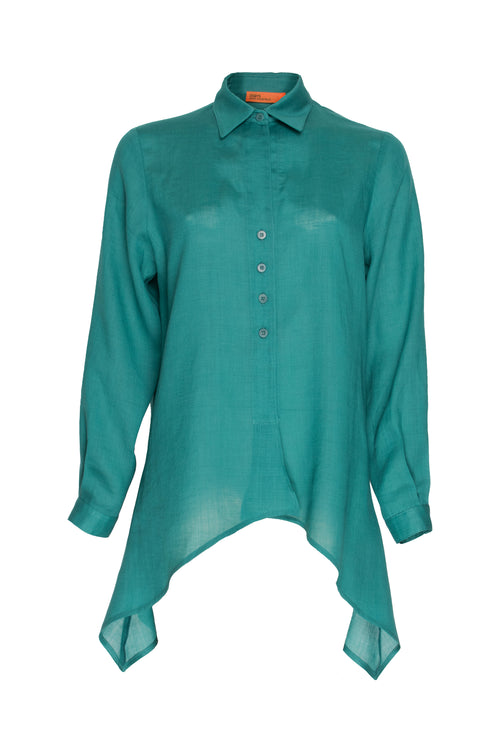 4 Button Uneven Hem Shirt - Verde Ramie 3403