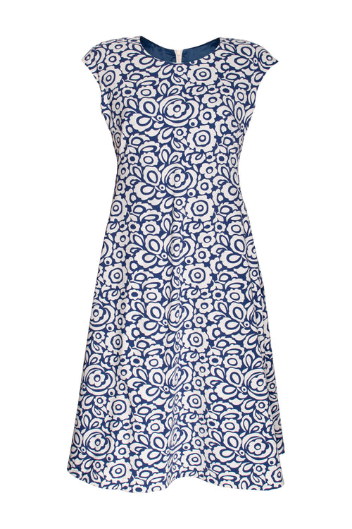 Cap Sleeve Swing Dress - Indigo/Vanilla Print Jersey 4231