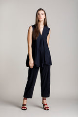 Black jersey hip pocket pant with a wide leg and cropped length, Australian made