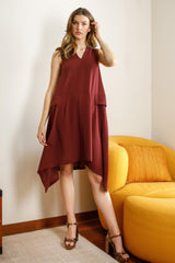 Wine V Neck Angle Hem Dress 6286