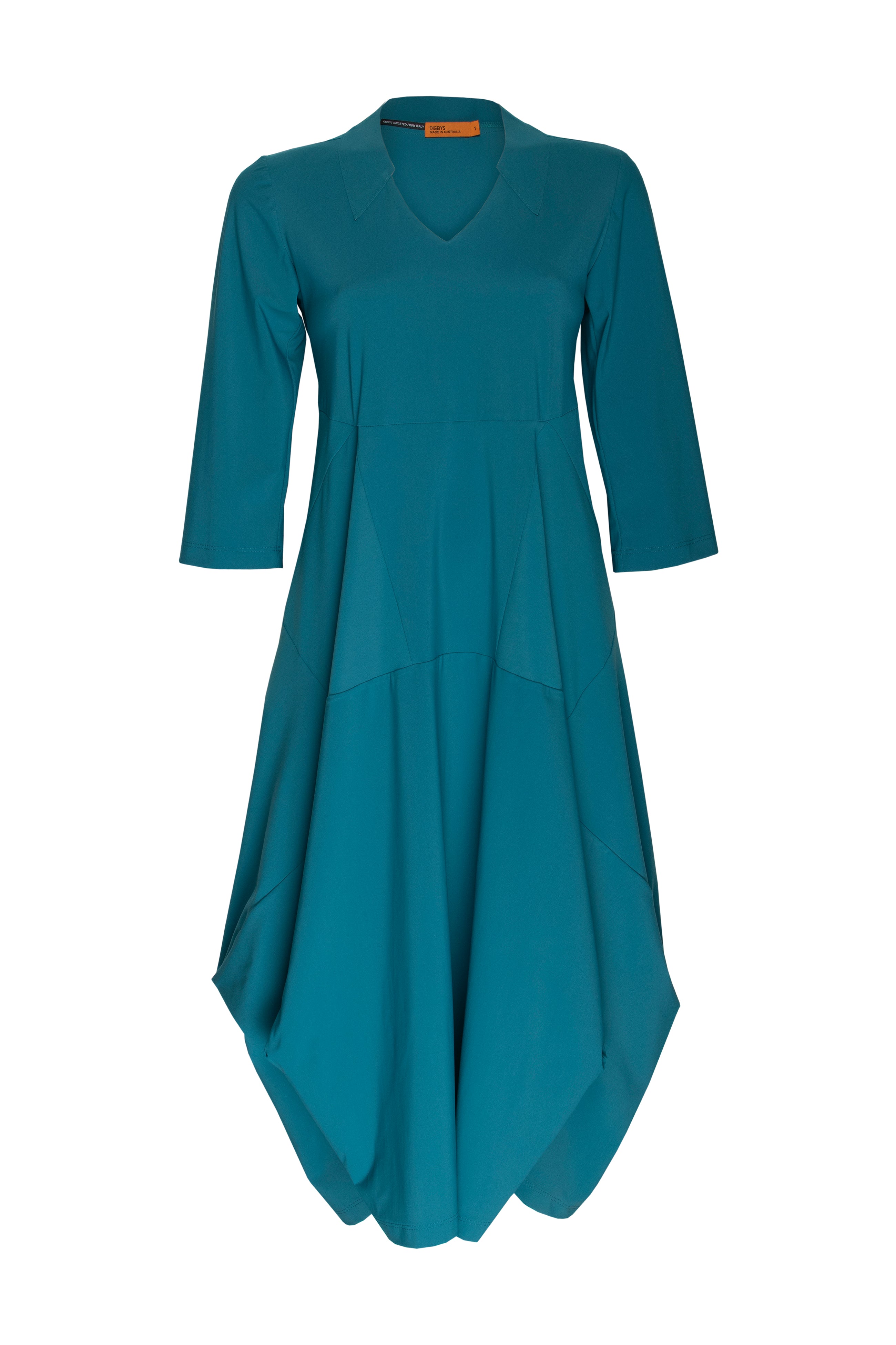 Teal 3/4 Sleeve Vee Neck Multipanel Dress 3276