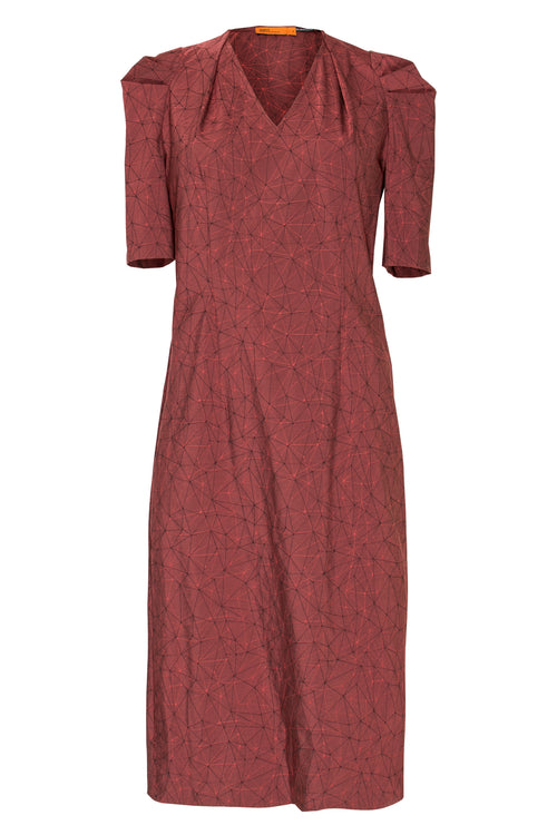 Rust Geometric Tuck Sleeve V Neck Dress 6261